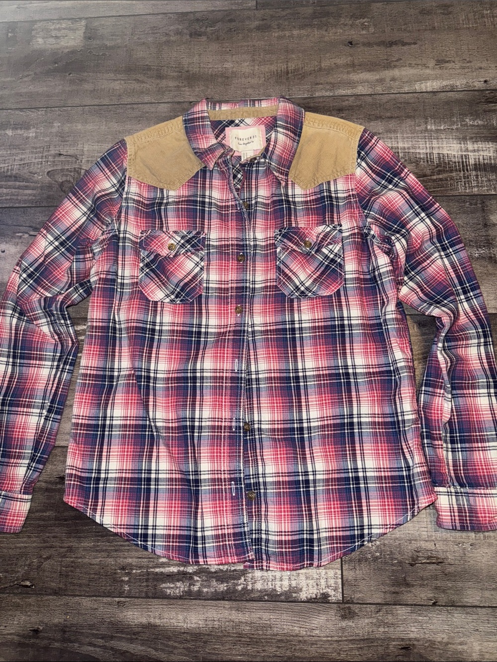 Forever 21 Pink/Navy Plaid Button-Down Shirt with Tan Yokes